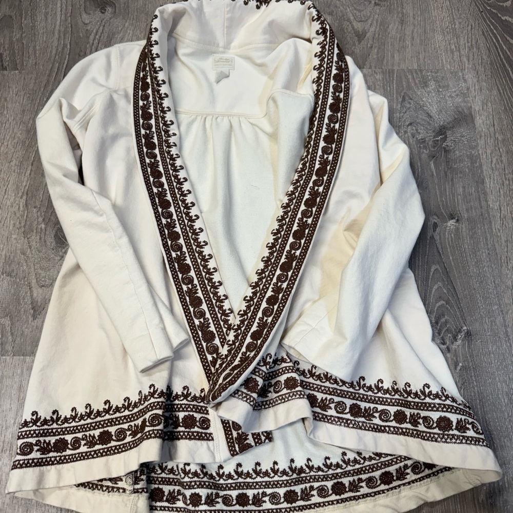 Lucky Brand Cardigan Womens Medium Cream Brown Embroidered Open Sweater Floral